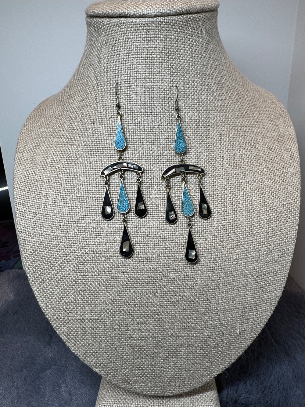 Silver Turquoise and Black Teardrop Dangle Earrings Made in Mecico